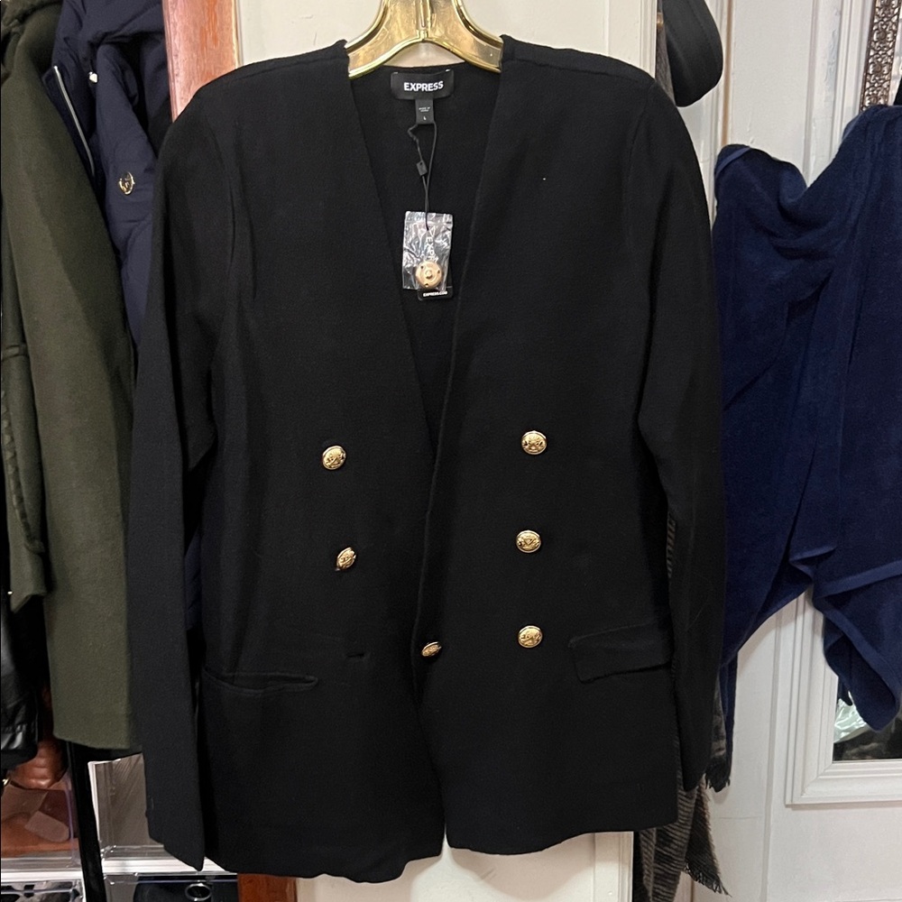Express Women's Elegant Black Blazer with Gold Buttons